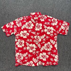 Hilo Hattie Hawaiian Shirt XL Red Floral Camp Short Sleeve Cotton Pocket Button